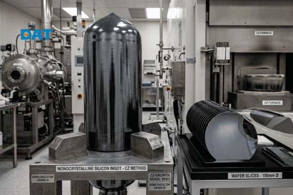 Phôi Silicon đơn tinh thể hình trụ đặc trưng trước khi được cắt thành các cell pin Mono