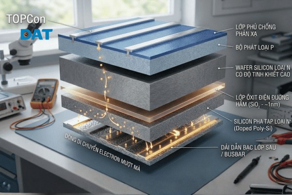 Cấu trúc lớp tiếp điểm thụ động của công nghệ TOPCon giúp giảm thiểu tái hợp electron, nâng hiệu suất pin Mono vượt ngưỡng 24%.