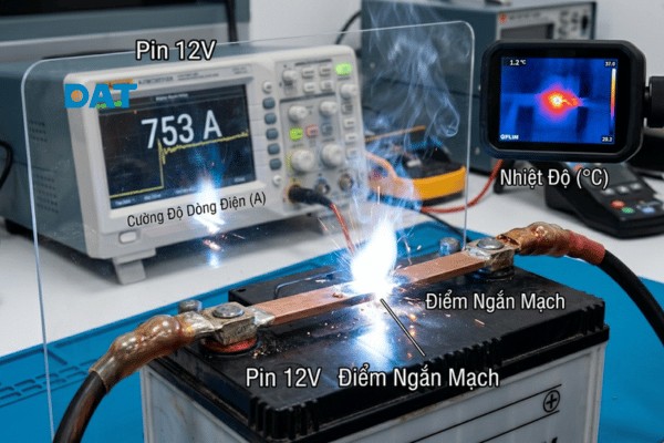Hiện tượng ngắn mạch thực tế: Dòng điện cực đại gây cháy nổ tức thì khi các cực của nguồn điện bị nối tắt.