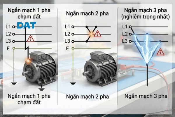 Phân loại các dạng ngắn mạch trong hệ thống điện 3 pha để tính toán thiết bị bảo vệ phù hợp.