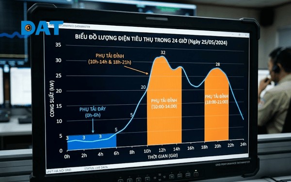 Biểu đồ phụ tải (Load Profile) điển hình giúp doanh nghiệp xác định khung giờ cao điểm để điều chỉnh hoạt động sản xuất.
