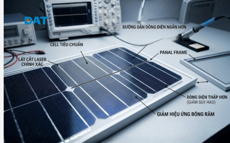 Các cell pin được cắt đôi bằng tia laser chính xác giúp giảm điện trở nội tại, tối ưu hóa đường dẫn dòng điện và hạn chế tối đa tác động tiêu cực của bóng râm lên hiệu suất toàn tấm pin.