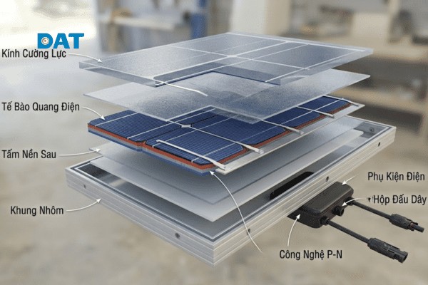 Sơ đồ đồ họa 3D mô phỏng cấu trúc bóc tách các lớp vật liệu của tấm pin mặt trời, từ khung nhôm bảo vệ ngoài cùng đến hộp đấu dây ở mặt sau.