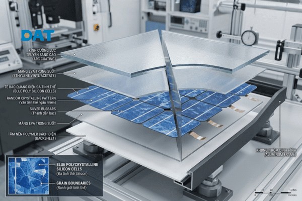 Cấu tạo chi tiết tấm pin mặt trời đa tinh thể (Poly) với các cell pin hình vuông xếp khít tối ưu diện tích.