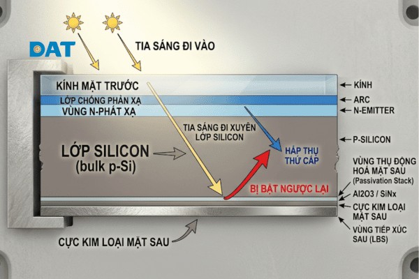Lớp thụ động hóa PERC ở mặt lưng cho phép cell pin Poly hấp thụ năng lượng lần thứ hai từ những tia sáng đi xuyên qua, giúp nâng hiệu suất lên ngưỡng 18.5%.
