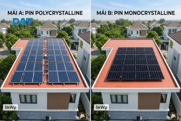 Minh họa sự khác biệt về diện tích lắp đặt: Pin Poly đòi hỏi nhiều không gian hơn pin Mono để tạo ra cùng một công suất điện năng.