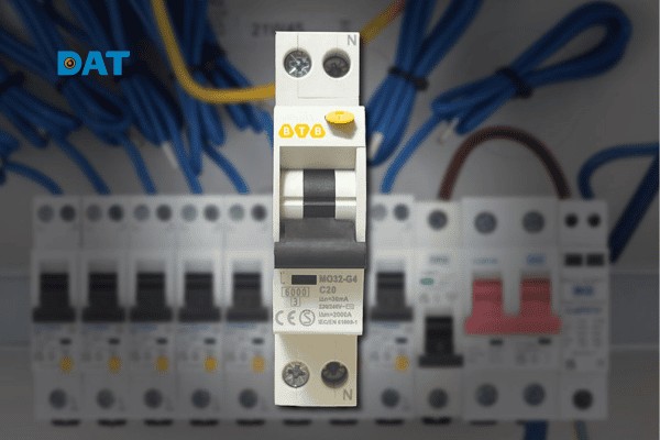 Hình dáng bên ngoài của một thiết bị RCBO điển hình với các thông số kỹ thuật (dòng định mức, dòng rò) và nút Test (T) đặc trưng.
