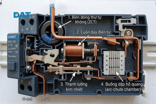 Cấu tạo bên trong của RCBO: 1. Biến dòng thứ tự không (ZCT), 2. Cuộn dây điện từ, 3. Thanh lưỡng kim nhiệt, 4. Buồng dập hồ quang.
