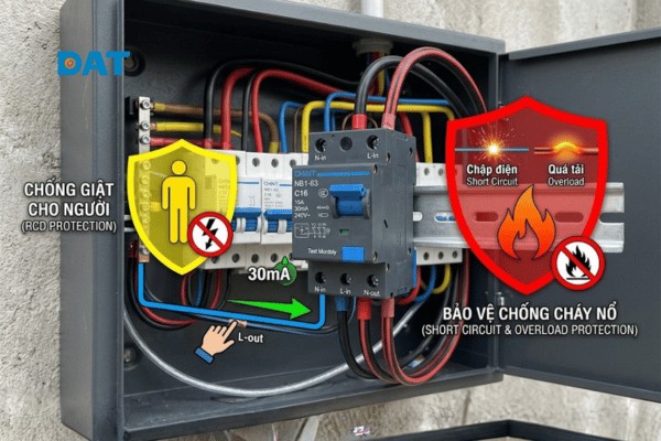RCBO đóng vai trò "lá chắn" đa năng: vừa chống giật cho người, vừa bảo vệ hệ thống khỏi cháy nổ do chập điện hoặc quá tải.
