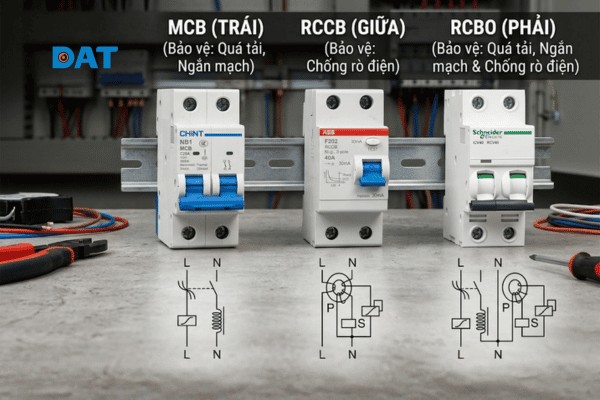 So sánh ký hiệu mạch điện và ngoại hình giữa MCB (trái), RCCB (giữa) và RCBO (phải) để tránh nhầm lẫn khi mua hàng.