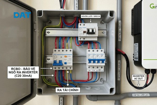 Vị trí lắp đặt RCBO trong tủ điện AC của hệ thống điện mặt trời, bảo vệ ngõ ra của Inverter và an toàn cho giàn pin.