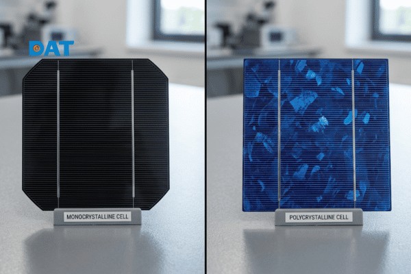 Sự khác biệt về ngoại quan: Wafer đơn tinh thể (trái) với màu đen đồng nhất và wafer đa tinh thể (phải) với các vân tinh thể xanh đặc trưng.
