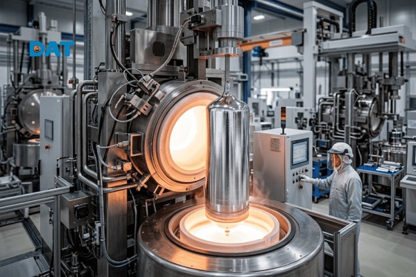 Quá trình kéo thỏi silicon đơn tinh thể (Ingot) bằng phương pháp Czochralski ở nhiệt độ cao.