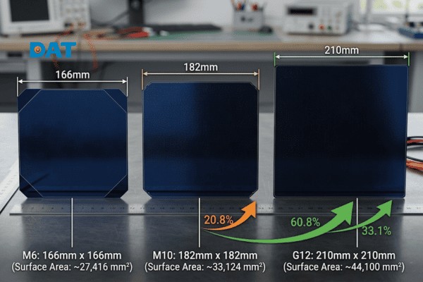 Sự tiến hóa kích thước Wafer từ chuẩn M6 lên M10 và G12 giúp tăng đáng kể diện tích hấp thụ và công suất trên mỗi cell pin.