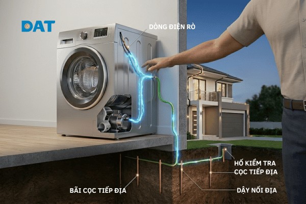 Minh họa nguyên lý bảo vệ của hệ thống nối đất: Dòng điện rò được dẫn trực tiếp xuống đất qua dây tiếp địa, đảm bảo an toàn cho người sử dụng.