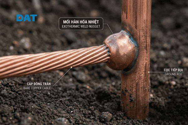 Mối hàn hóa nhiệt bền vững giúp đảm bảo sự liên kết điện hoàn hảo và chống ăn mòn cho hệ thống tiếp địa dưới lòng đất.