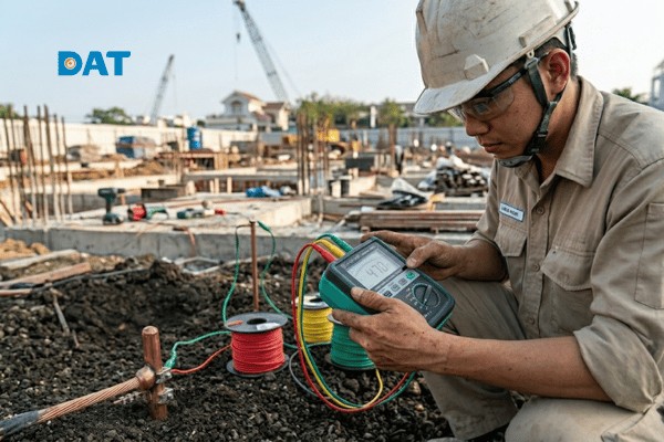 Công tác đo kiểm trị số điện trở đất bằng thiết bị chuyên dụng để đảm bảo hệ thống đạt tiêu chuẩn kỹ thuật trước khi đưa vào vận hành.