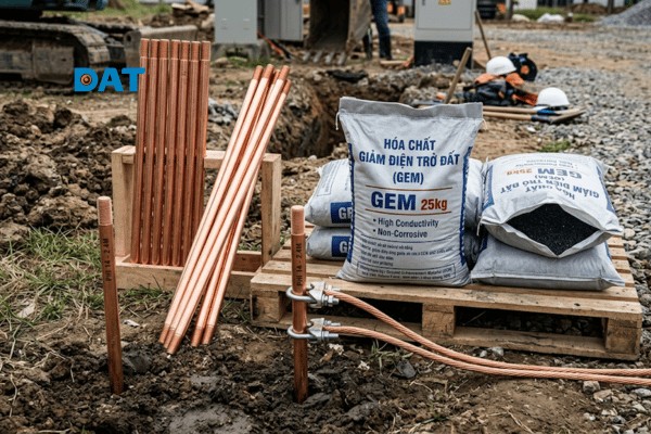 Cọc tiếp địa thép mạ đồng kết hợp với hóa chất giảm điện trở đất (GEM) là giải pháp tối ưu cho những khu vực có địa hình khô cằn, điện trở suất cao.