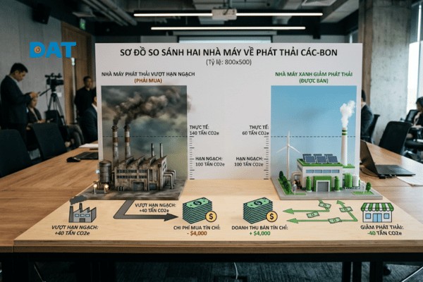 Cơ chế vận hành của thị trường carbon bắt buộc: Doanh nghiệp thừa hạn ngạch có thể bán lại cho đơn vị phát thải vượt mức quy định.