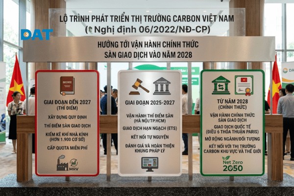 Lộ trình triển khai thị trường carbon tại Việt Nam theo Nghị định 06/2022/NĐ-CP, hướng tới vận hành chính thức sàn giao dịch vào năm 2028.