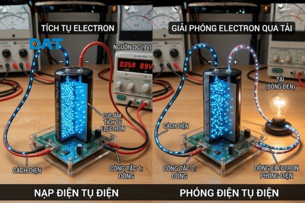 Mô phỏng quá trình nạp điện (tích tụ electron) và phóng điện (giải phóng electron qua tải) của tụ điện.