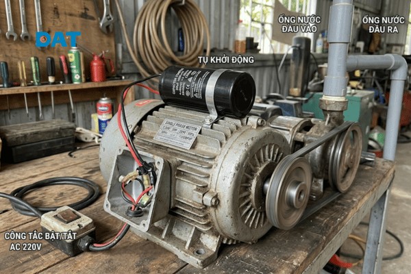 Tụ khởi động (tụ đề) gắn trên thân motor giúp tạo mô-men quay ban đầu cho các thiết bị như máy bơm, quạt điện.