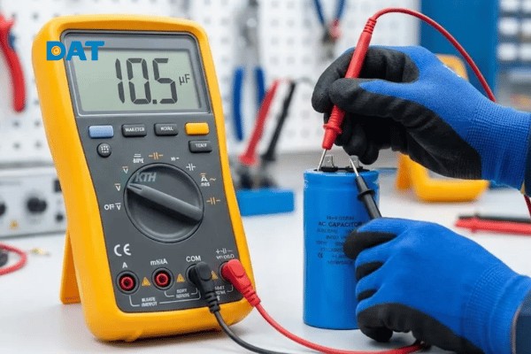 Sử dụng thang đo chuyên dụng (Capacitance) trên đồng hồ điện tử để xác định chính xác trị số điện dung thực tế của tụ so với thông số ghi trên vỏ.