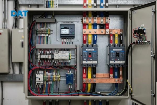 Cấu tạo chi tiết bên trong tủ ATS bao gồm bộ điều khiển trung tâm, thiết bị đóng cắt và hệ thống thanh cái dẫn điện được sắp xếp khoa học.