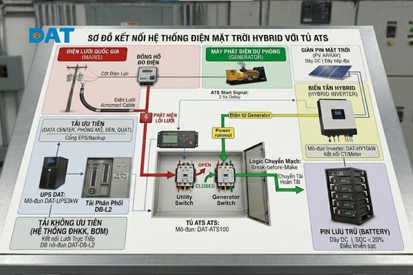 Tủ ATS được tích hợp trong hệ thống điện mặt trời Hybrid giúp quản lý nguồn ưu tiên từ pin lưu trữ và tự động chuyển lưới khi cần thiết.