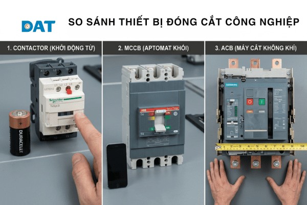 Ba dòng thiết bị đóng cắt phổ biến trong tủ ATS: Contactor (cho dân dụng), MCCB (cho công nghiệp nhẹ) và ACB (cho công suất lớn).