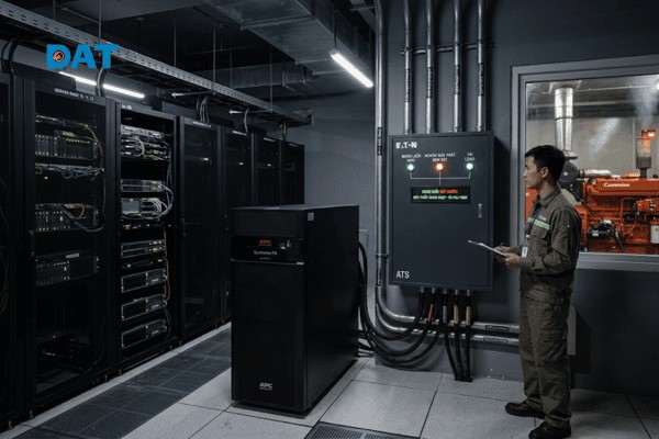 Mô hình phối hợp giữa UPS (cấp điện tức thời) và ATS (duy trì nguồn dài hạn qua máy phát) tại các trung tâm dữ liệu.