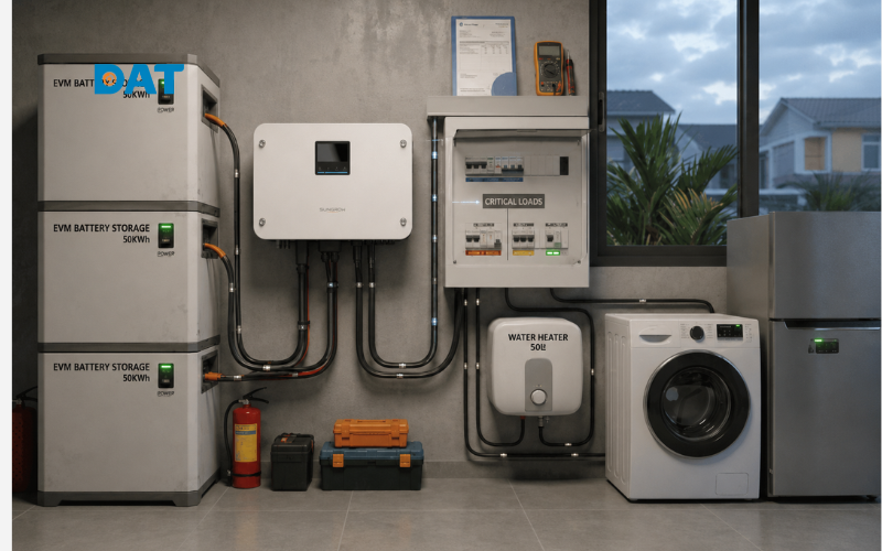 Mô hình kết nối xả điện từ hệ thống pin lưu trữ qua biến tần Hybrid để chuyển hóa năng lượng cung cấp cho các phụ tải điện tiêu thụ.