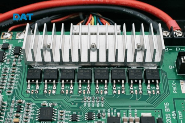 Cụm transistor công suất MOSFET dán trên bảng mạch BMS đóng vai trò là khóa điện tử ngắt dòng điện tức thời khi xảy ra sự cố.