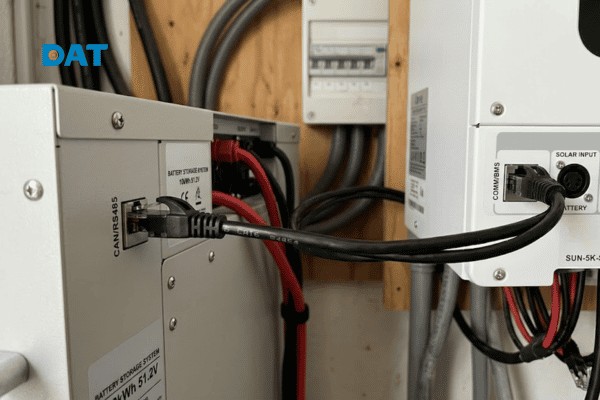 Dây cáp tín hiệu chuẩn RJ45 kết nối trực tiếp từ cổng truyền thông CAN bus của bộ pin lưu trữ sang cổng giao tiếp dữ liệu trên biến tần Hybrid.