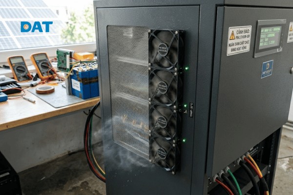 Quạt tản nhiệt cưỡng bức lắp trên vỏ tủ pin lưu trữ tự động kích hoạt dựa trên tín hiệu cảnh báo nhiệt từ mạch điều khiển trung tâm.