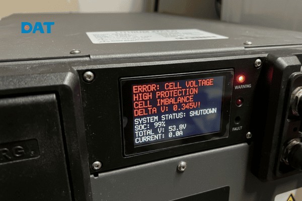 Cảnh báo lỗi chênh lệch điện thế giữa các cell vượt ngưỡng an toàn hiển thị trực tiếp trên màn hình điều khiển kỹ thuật số của bộ pin.
