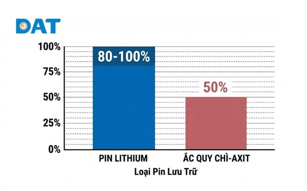 So sánh độ xả sâu (DoD) giữa pin Lithium và ắc quy chì truyền thống: Lithium giúp tiết kiệm chi phí dài hạn.