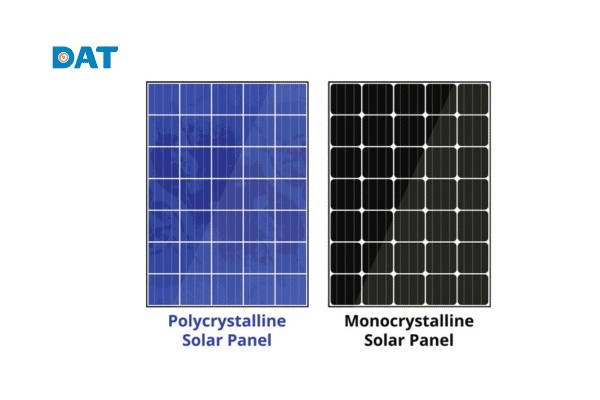 Trực quan màu sắc và cấu trúc bề mặt để phân biệt tấm pin Monocrystalline màu đen đồng nhất và Polycrystalline màu xanh lam tinh thể.