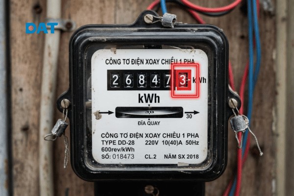 Phân biệt phần số nguyên màu đen dùng để chốt chỉ số và phần số thập phân màu đỏ trên công tơ cơ học 1 pha.
