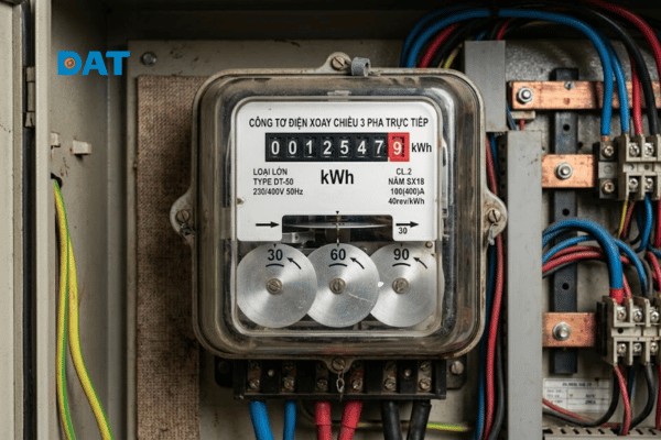 Đồng hồ điện 3 pha trực tiếp thường có 6 chữ số với số màu đỏ cuối cùng biểu thị phần thập phân lẻ.