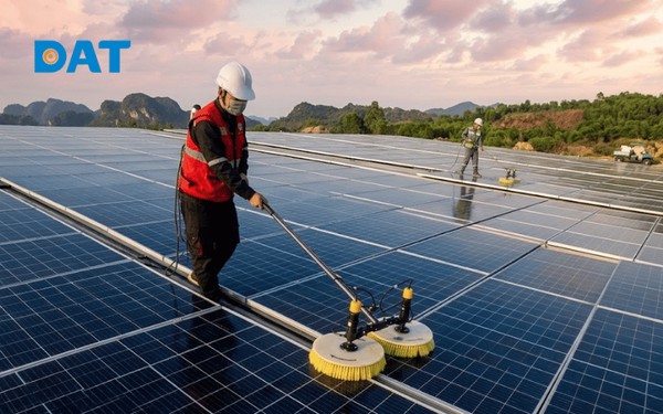 Vệ sinh tấm pin định kỳ vào sáng sớm giúp duy trì hiệu suất hệ thống, tránh hiện tượng sốc nhiệt.