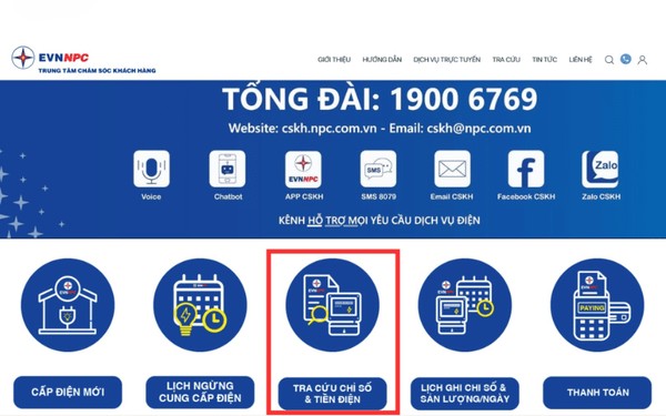 Tra cứu tiền điện trên website EVN miền Bắc