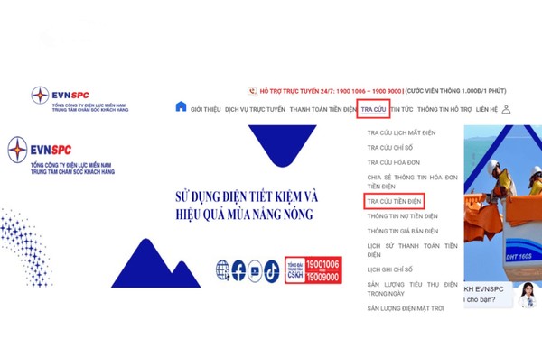 Tra cứu tiền điện trên website EVN miền Nam