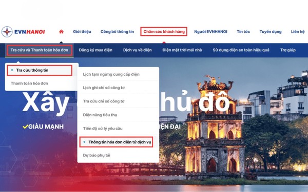 Tra cứu tiền điện trên website EVN Hà Nội