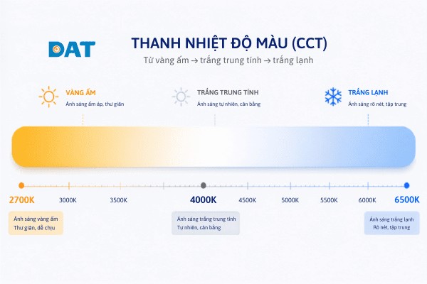Nhiệt độ màu CCT biểu thị màu sắc ánh sáng của nguồn sáng, từ ánh sáng vàng ấm đến ánh sáng trắng lạnh.