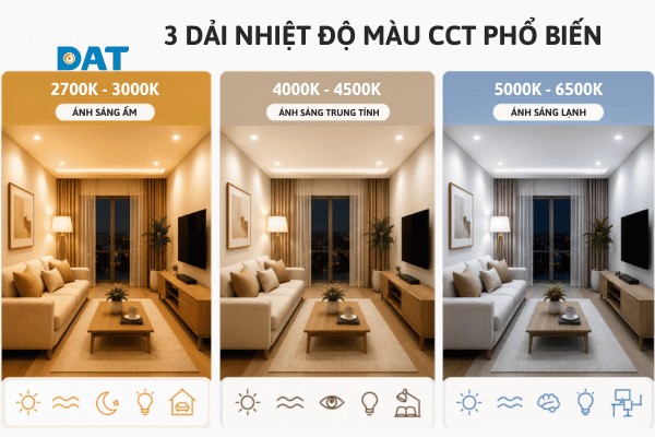So sánh trực quan giữa ánh sáng ấm 3000K, ánh sáng trung tính 4000K và ánh sáng lạnh 6500K.
