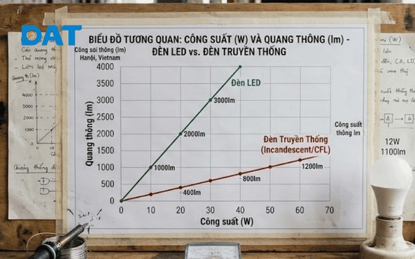 Biểu đồ thể hiện sự tương quan giữa công suất (W) và quang thông (lm) của đèn LED vs đèn truyền thống.