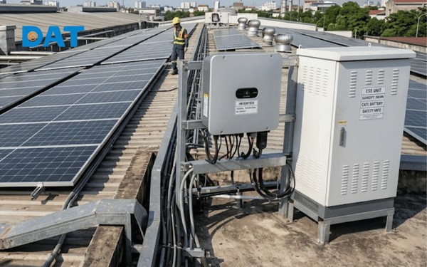 Tích hợp ESS với điện mặt trời áp mái: Giải pháp giúp lưu trữ toàn bộ sản lượng điện dư thừa vào ban ngày để sử dụng cho sản xuất vào ban đêm.