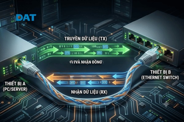 Sơ đồ hoạt động của chế độ truyền dẫn song công Full-Duplex cho phép thiết bị gửi và nhận tín hiệu cùng một thời điểm.