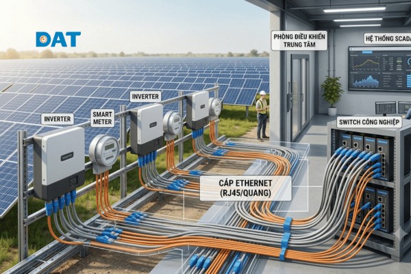 Sơ đồ kiến trúc mạng Ethernet kết nối song song các thiết bị đo đếm và biến tần về hệ thống quản lý năng lượng trung tâm.